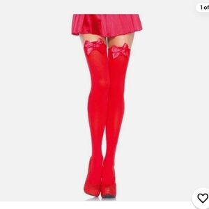 Leg Avenue Satin Bow Accent Opaque Thigh Highs, Sexy Red